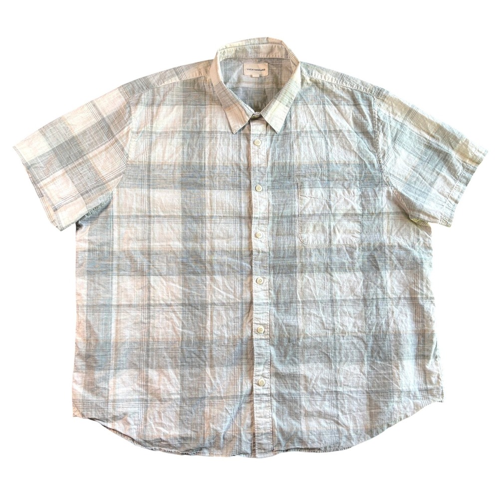 Lucky Brand Mens XXL Gray Plaid Short Sleeve Button Down Shirt Textured‎ Cotton